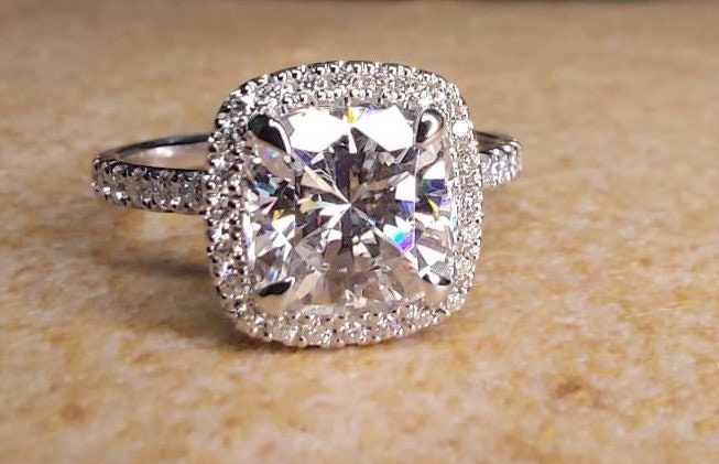 1.5 Ct Cushion Natural Diamond Halo Engagement Ring
