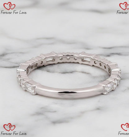 Emerald and Round Lab Grown Diamond Wedding Band, 3/4 Eternity Band for Engagement Ring, Anniversary Ring, Matching/Stackable Band for Women