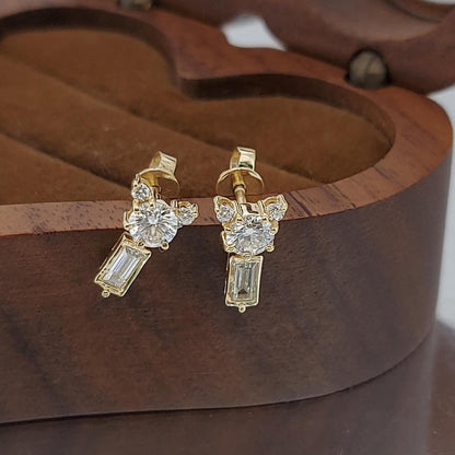 14k Gold Teddy Cluster Ohrringe, Baguette- und runde Diamanten, Labordiamant-Ohrstecker, im Labor gezüchteter Diamant, Ohrstecker aus massivem Gold, perfektes Geschenk