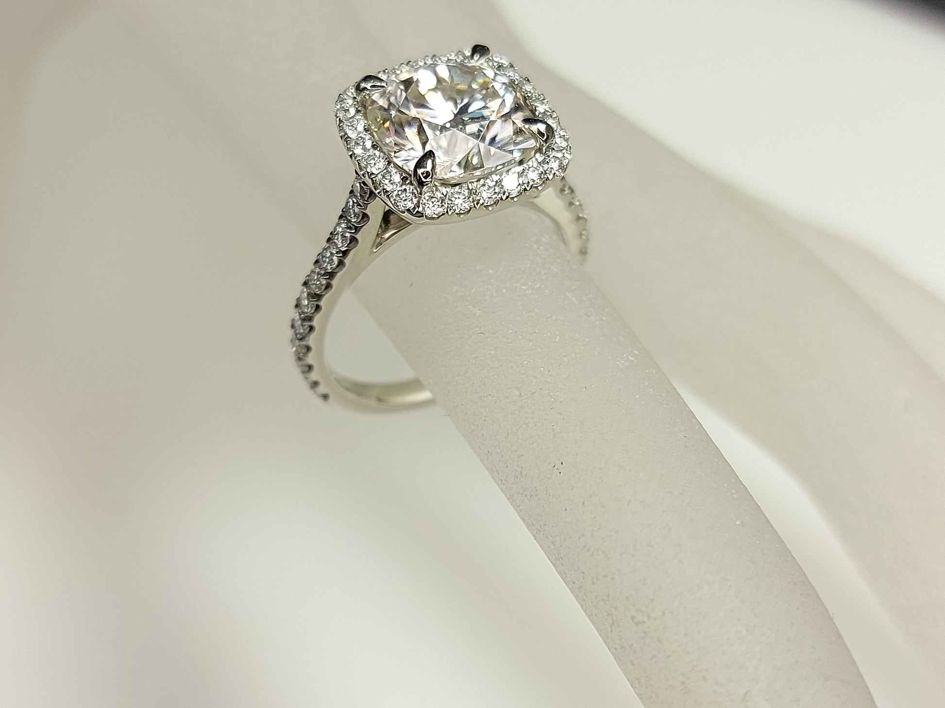 3 Carat Cushion cut Halo Moissanite Engagement Ring 14k White Gold, Genuine UK Hallmark Wedding Ring Diamond Halo