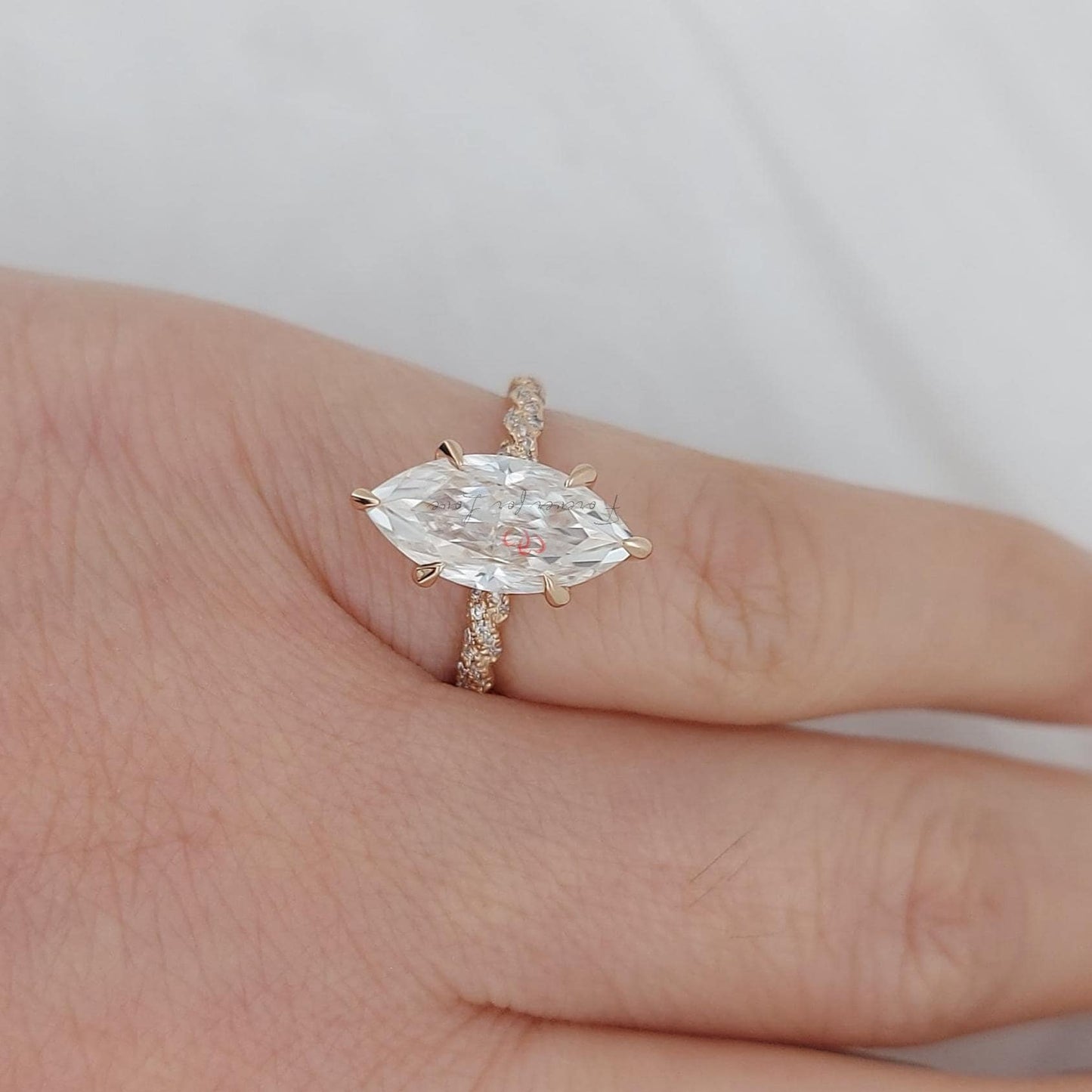 2 Ct Marquise Moissanite Engagement Ring with Diamond Band Marquise cut Moissanite Brilliant Cut engagement ring in 935 Argentium Silver — custom handcrafted by Forever For Love