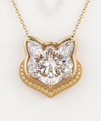 1 Karat Katzen-Diamant-Halskette, 14k Gelbgold, zierlicher, minimalistischer Katzenanhänger, gelbe Pavé-Edelsteine, Damenhalskette, besonderes Geschenk für sie.