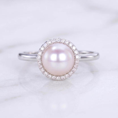 Dainty Pearl and Diamond Ring, 14K Solid Gold Ring for Women, Stacking Ring / Natural Pearl, Round Diamond side stones, Perfect gift