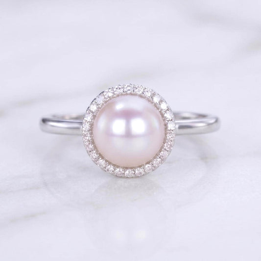 Dainty Pearl and Diamond Ring, 14K Solid Gold Ring for Women, Stacking Ring / Natural Pearl, Round Diamond side stones, Perfect gift