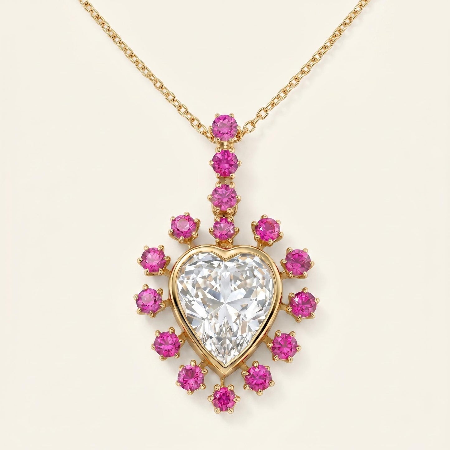 Collier cœur en saphir rose et diamants ronds, or jaune 14 carats, pendentif minimaliste, pierre précieuse, pendentif cœur pour femme, cadeau spécial pour elle. Moissanite engagement ring in Gold or Platinum — custom handcrafted by Forever For Love