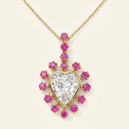 Collier cœur en saphir rose et diamants ronds, or jaune 14 carats, pendentif minimaliste, pierre précieuse, pendentif cœur pour femme, cadeau spécial pour elle.