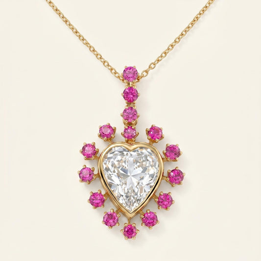 Heart Shape Pink Sapphire Round diamond Necklace, 14k Yellow Gold, Minimalist Pendant, Gemstone, Heart Womens Pendant, Special Gift For Her.