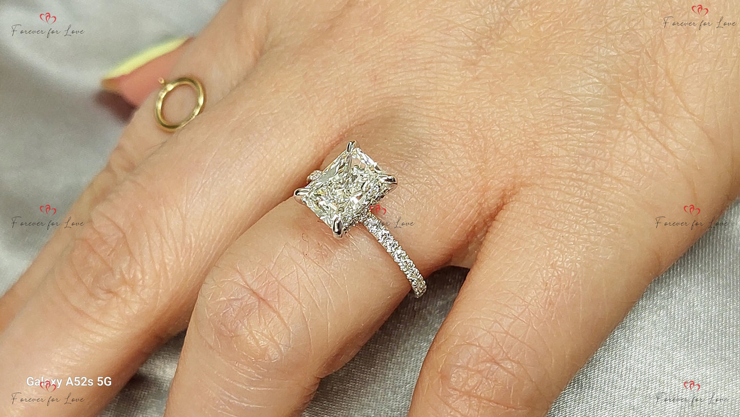 2.5 Ct IGI Certified Radiant Lab Diamond Hidden Halo Engagement Ring Radiant cut 1Ct Moissanite Brilliant Cut engagement ring in 935 Argentium Silver — custom handcrafted by Forever For Love