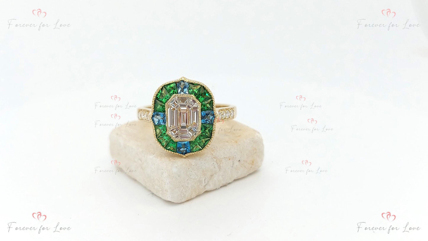 Bague de fiançailles solitaire à diamant de laboratoire taille émeraude ou moissanite Emerald cut 1Ct Moissanite taille brillant engagement ring in Gold or Platinum — custom handcrafted by Forever For Love
