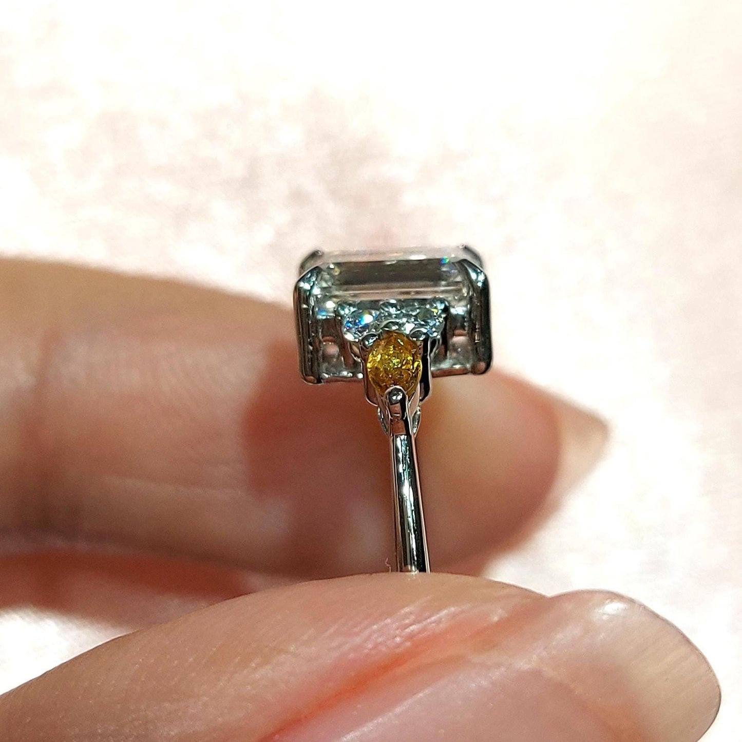 Emerald Diamond Three Stone Engagement Ring Emerald cut Moissanite engagement ring in Gold or Platinum — custom handcrafted by Forever For Love