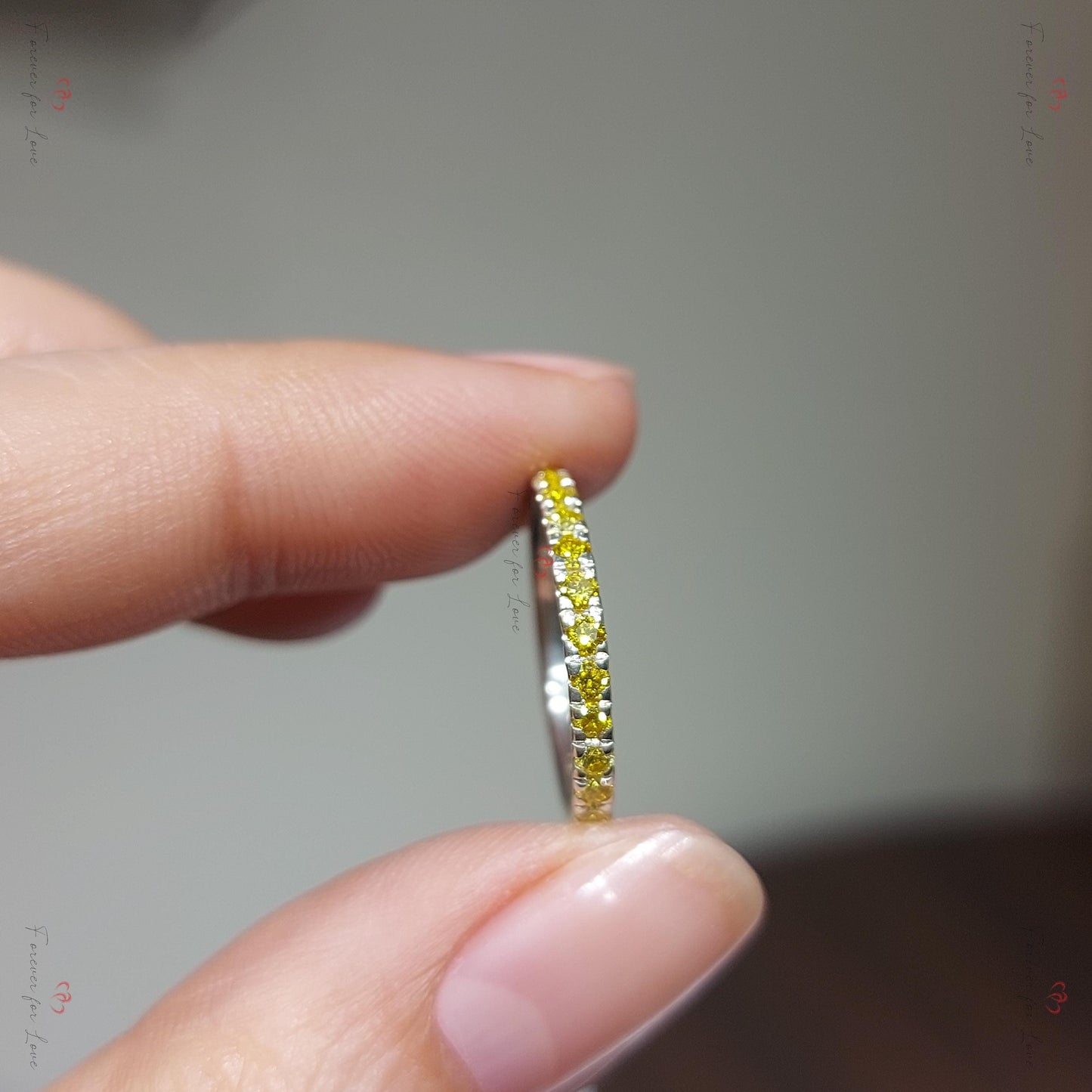 Round Yellow Diamond Half Eternity Band Round cut Moissanite Brilliant Cut engagement ring in 935 Argentium Silver — custom handcrafted by Forever For Love