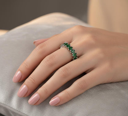 Baguette Green Emerald Half Eternity Band