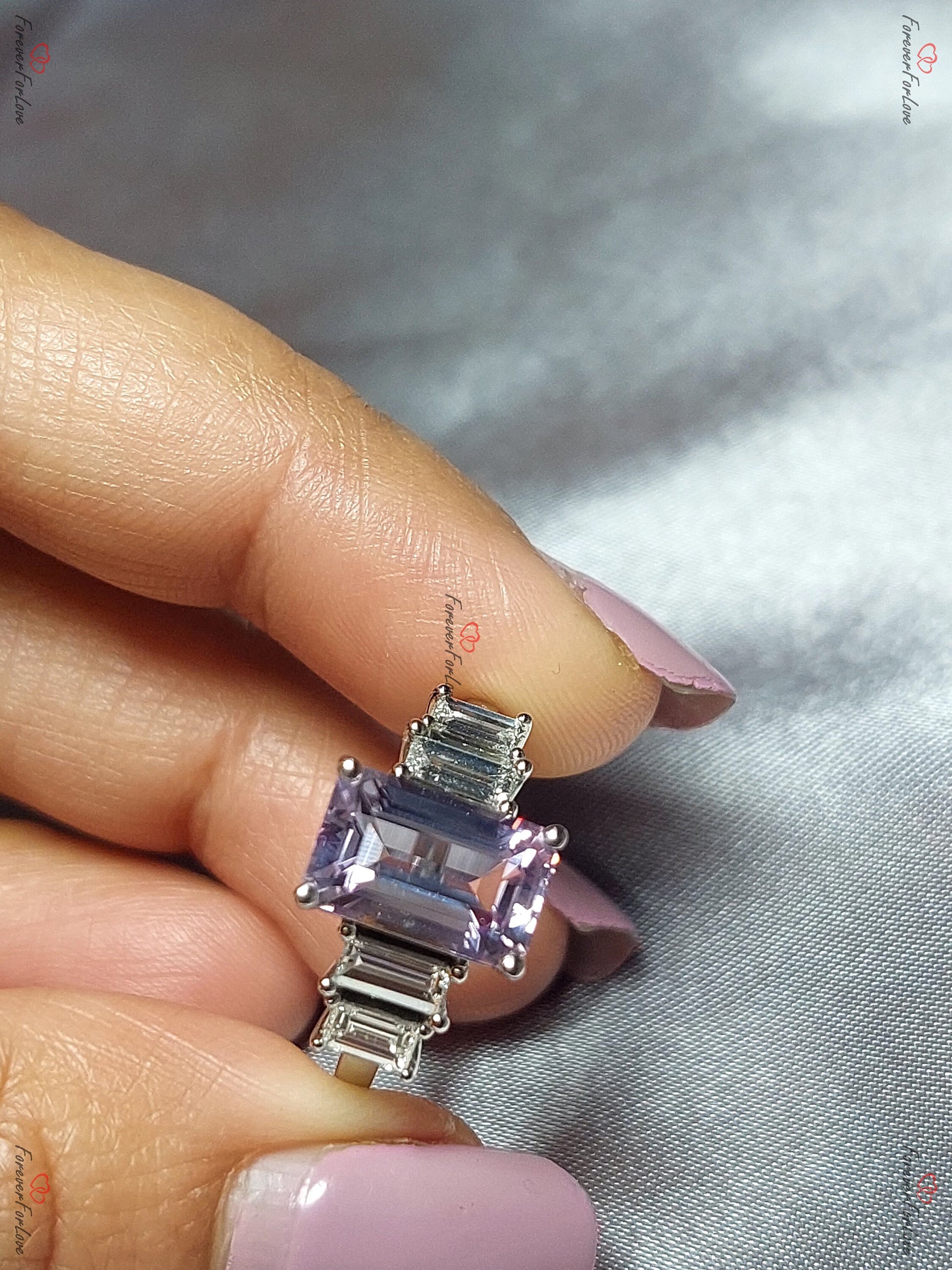 Amethyst and Natural Baguette Diamond Vintage Engagement Ring Platinum Diamond Wedding Bridal Art Deco Anniversary Proposal Gift for her.