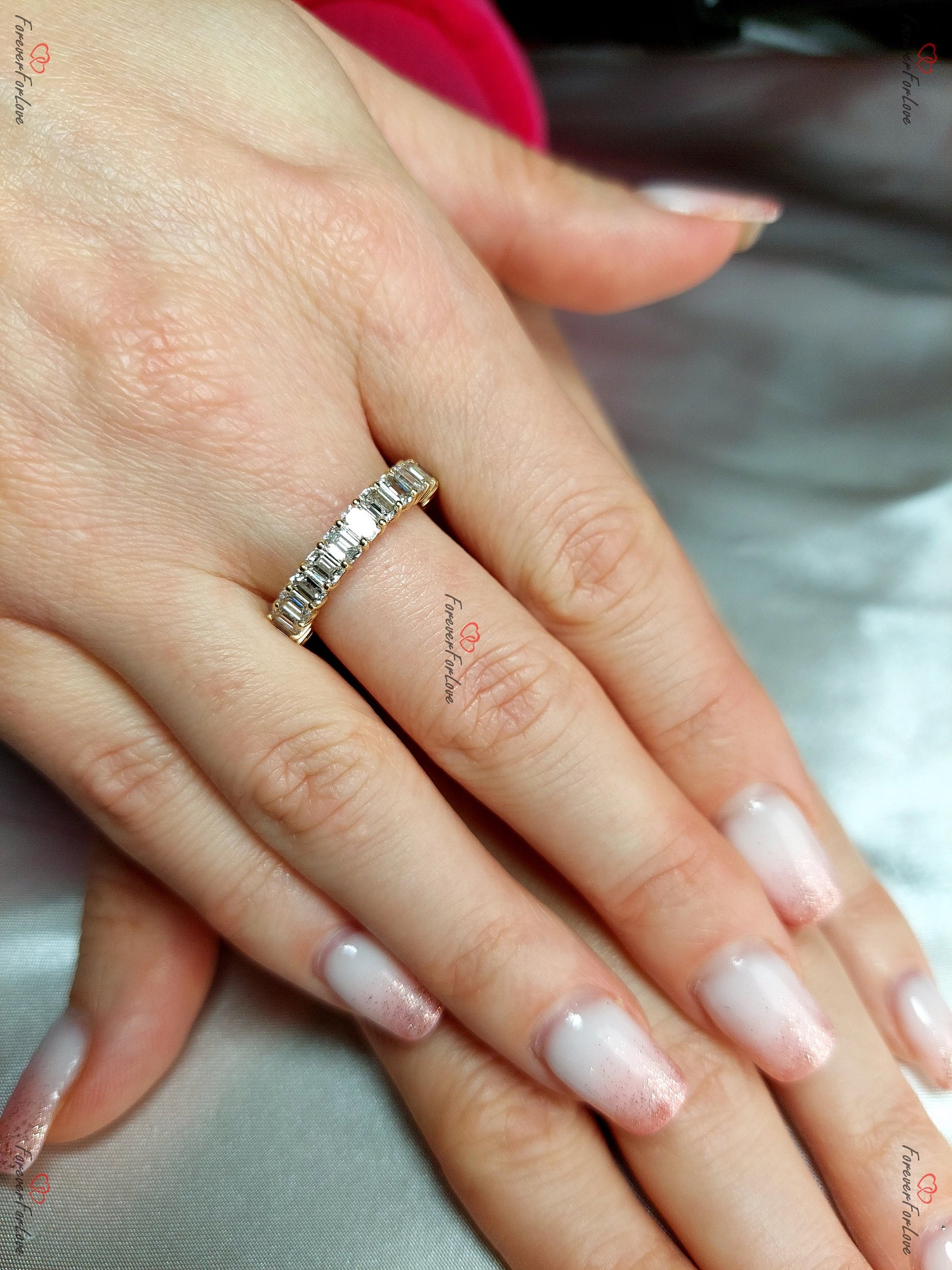 Emerald cut Diamond wedding band, 0.25 CT each CVD Emerald Cut Diamond Band, Half eternity wedding band Matching bridal Band Stacking Band.