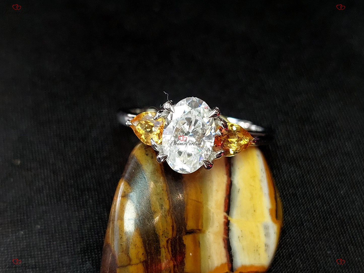 Oval Moissanite, Citrine Three Stone Engagement Ring Oval cut Moissanite engagement ring in Gold or Platinum — custom handcrafted by Forever For Love