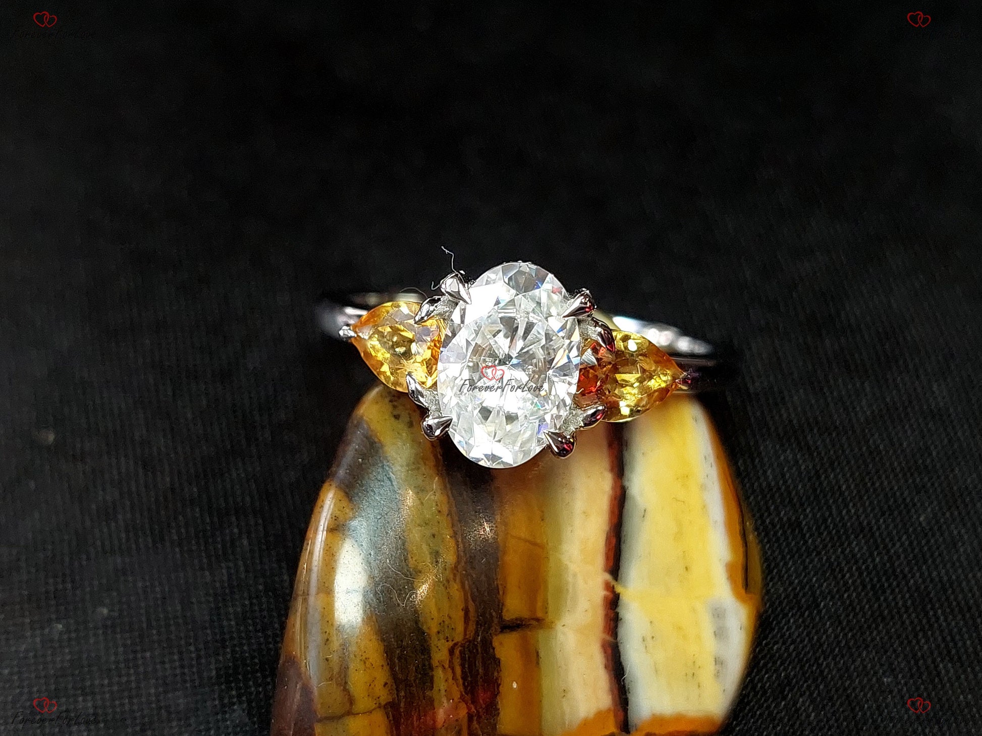 Oval Moissanite, Citrine Three Stone Engagement Ring