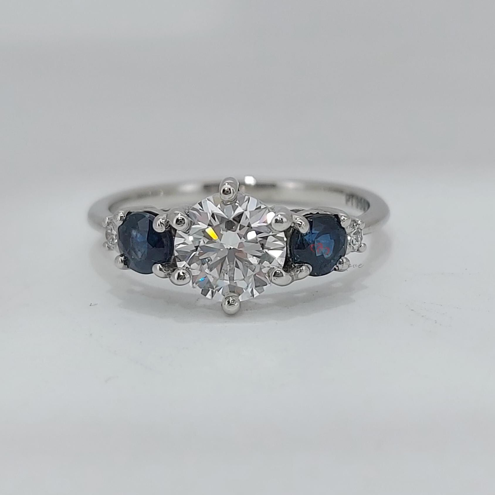 1 Ct Round Diamond, Sapphire Three Stone Ring
