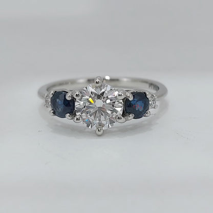 1 Ct Round Diamond, Sapphire Three Stone Ring