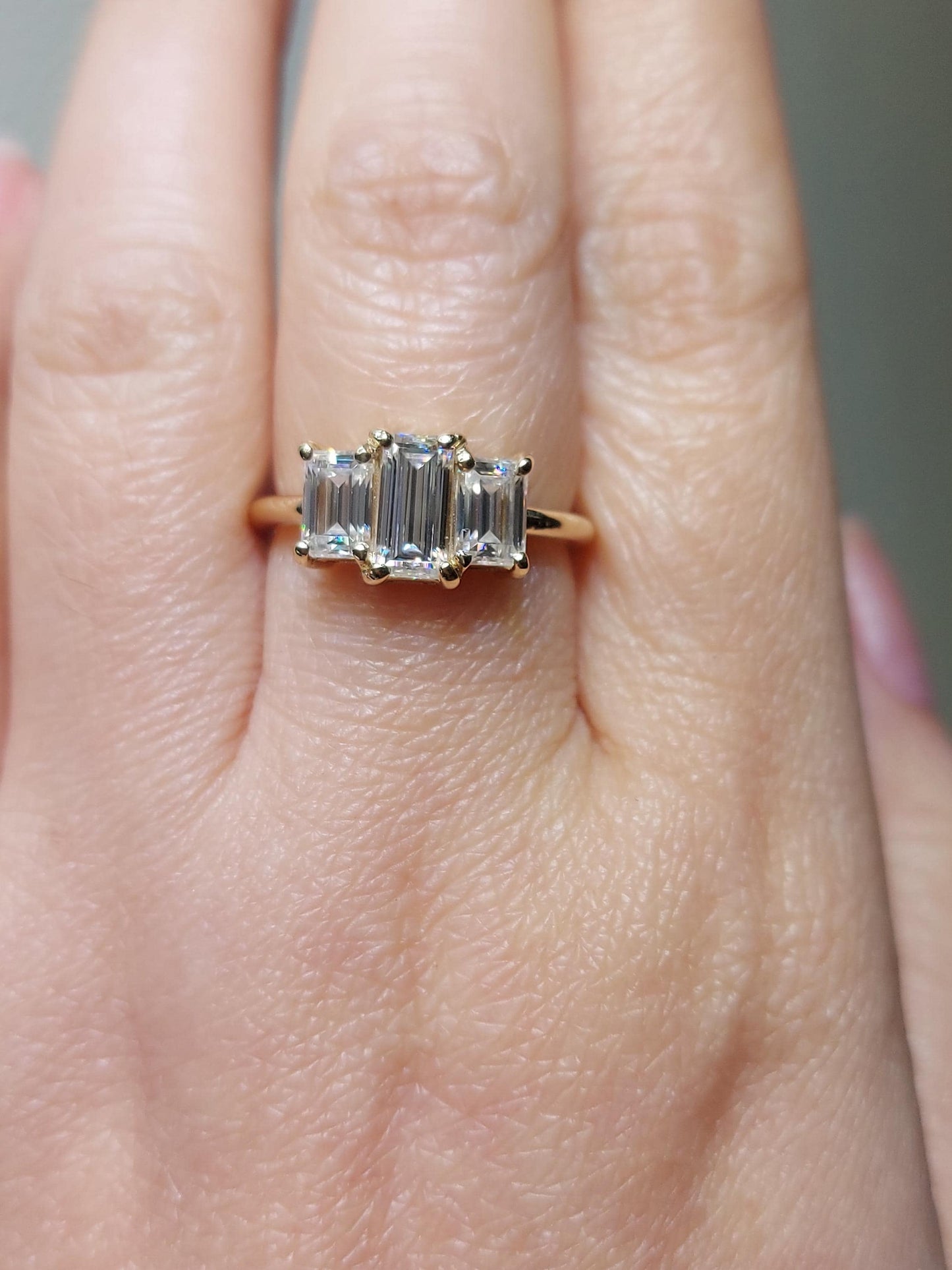 Bague trois pierres diamant baguette et moissanite Baguette cut Moissanite engagement ring in Gold or Platinum — custom handcrafted by Forever For Love