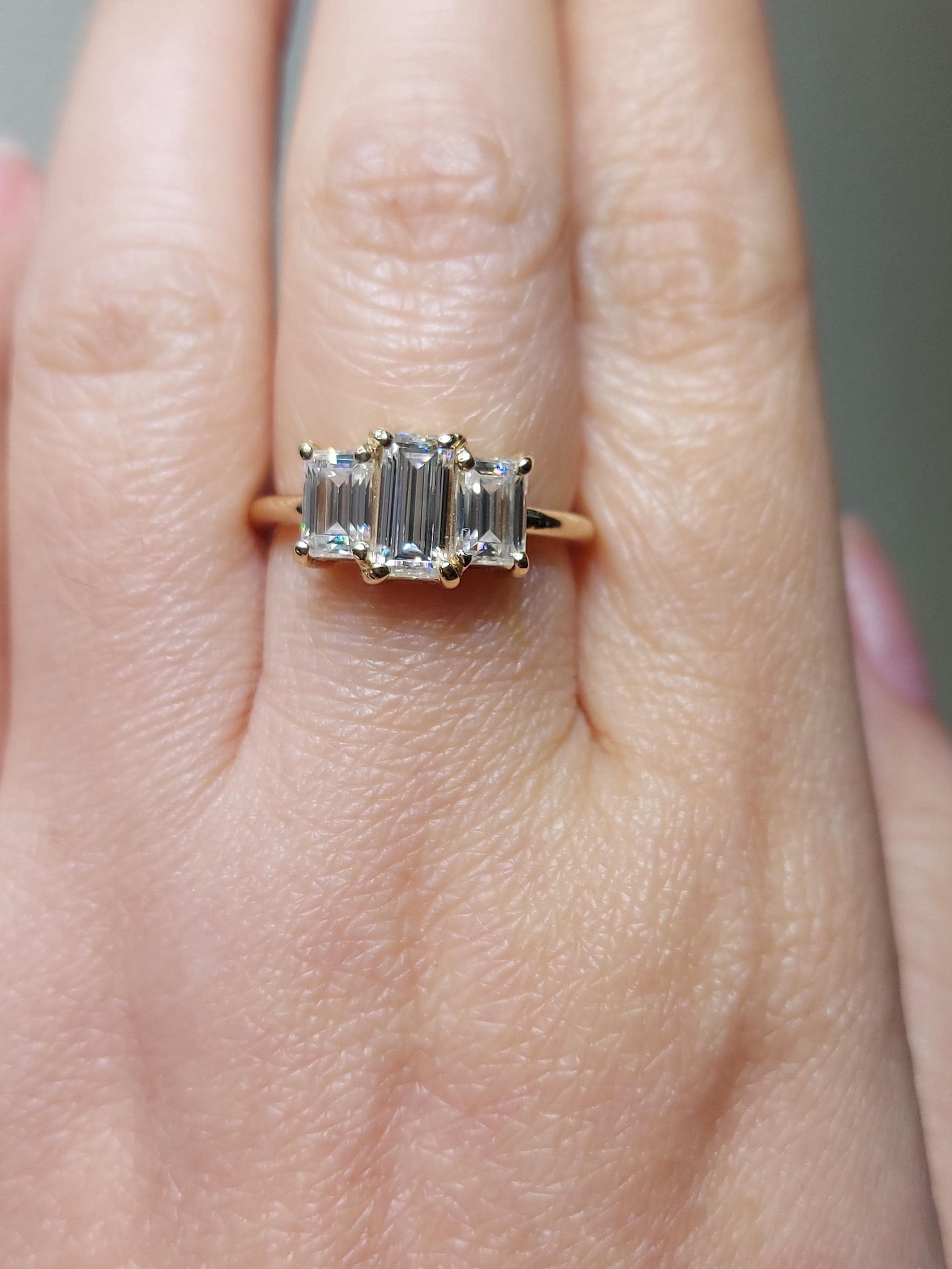 Baguette Diamond, Moissanite Three Stone Ring