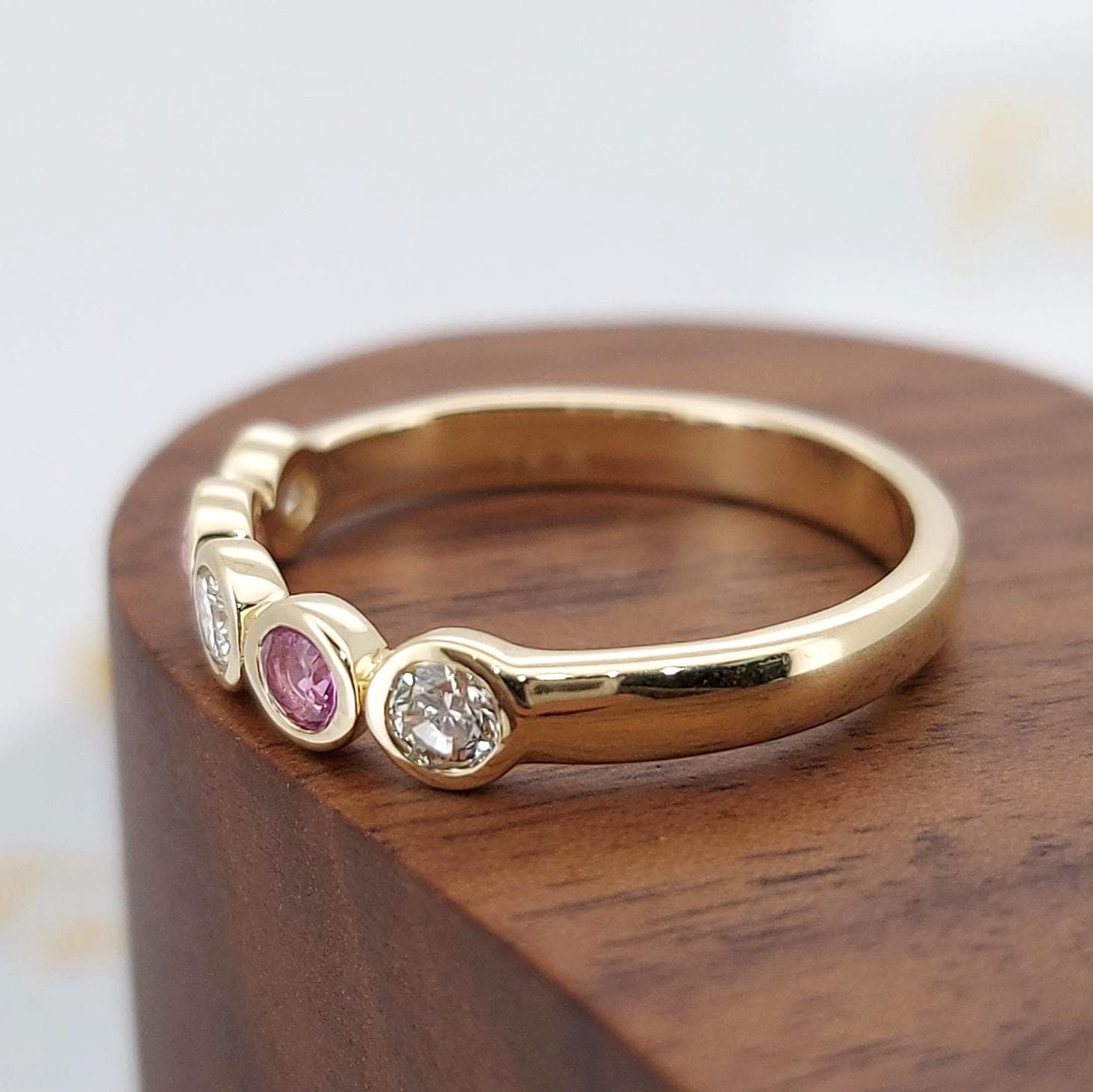 14k Solid Gold Bubble bezel Round Lab Diamond Wedding Band Half Eternity Diamond Engagement Band Diamond and Pink sapphire Alternative Band