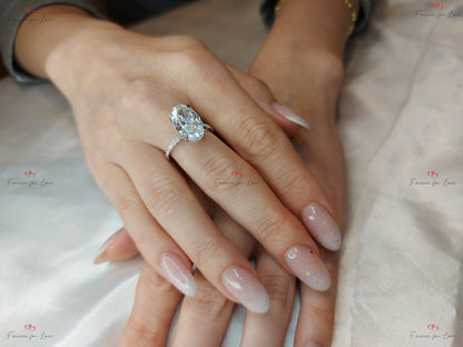 Oval Cut Engagement engagement ring/ 7 Ct Crushed ice Oval 14*9mm Moissanite, diamond hidden halo ring,.