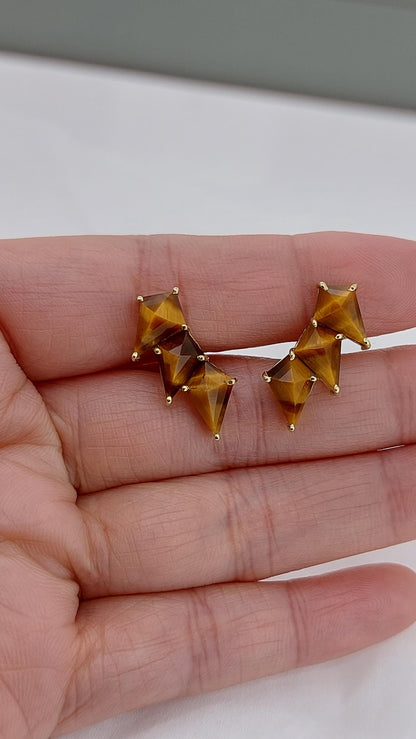 Tiger Eye Earrings · Semiprecious Earrings · Vintage Brown Tiger Earrings · Gold Filled climber Earrings · 18k Gold Vermeil Earrings