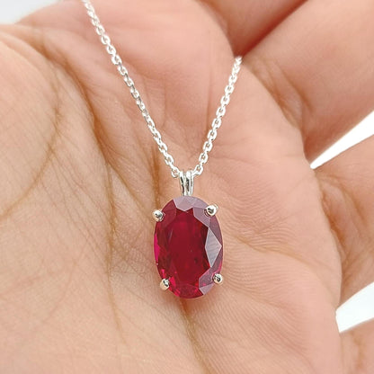 Ruby Pendant Necklace 14K Solid White Gold For Ladies Oval Shaped Ruby Necklace Pendant, Birthstone necklace, Perfect gift
