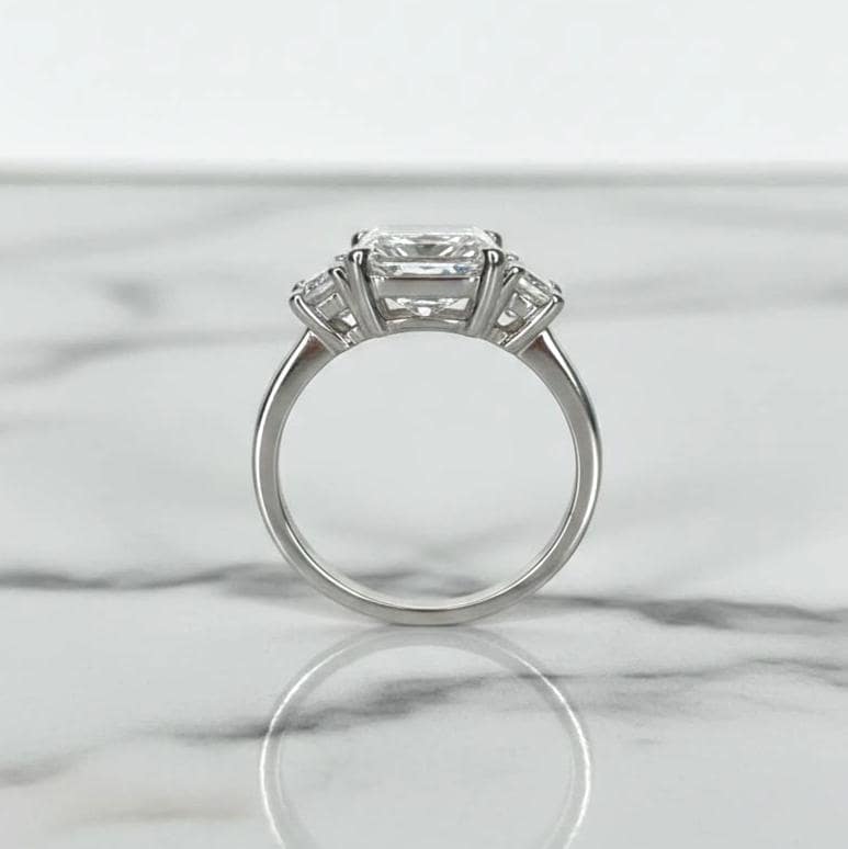 5 Carat E Color VVS2 Clarity IGI Certified Radiant Cut Three Stone Lab Grown Diamond Engagement Ring, Side Trapezoids 14k White Gold