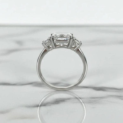 5 Carat E Color VVS2 Clarity IGI Certified Radiant Cut Three Stone Lab Grown Diamond Engagement Ring, Side Trapezoids 14k White Gold
