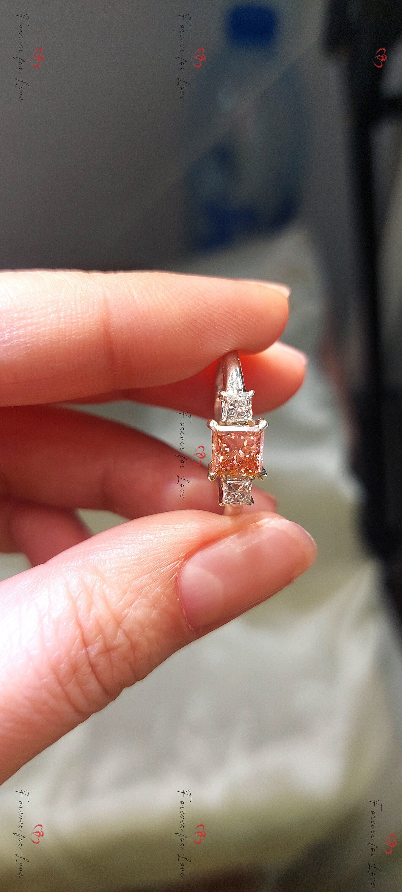 Princess Lab Diamond Three Stone Engagement Ring Princess cut Moissanite engagement ring in Gold or Platinum — custom handcrafted by Forever For Love
