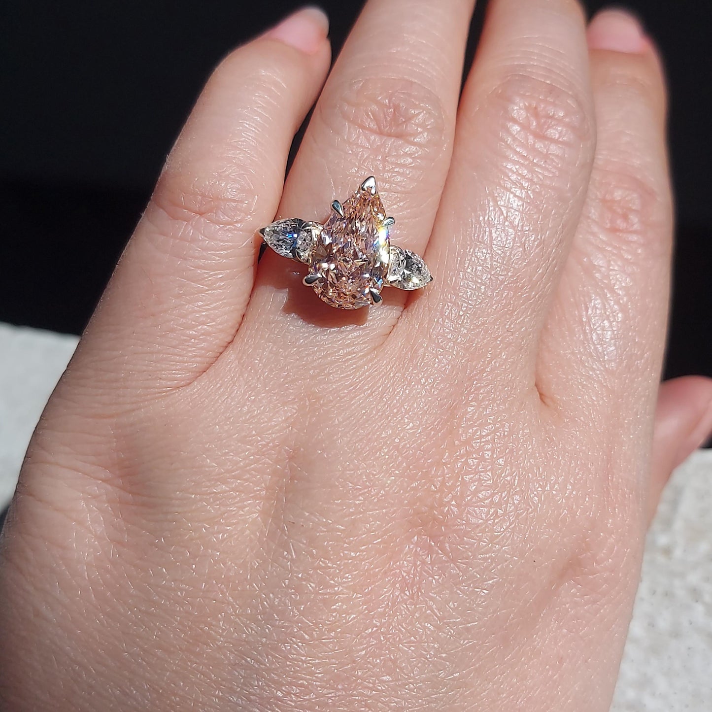 Pear Lab Diamond Three Stone Engagement Ring Pear cut 3 Carat Pink Pear engagement ring in Gold or Platinum — custom handcrafted by Forever For Love