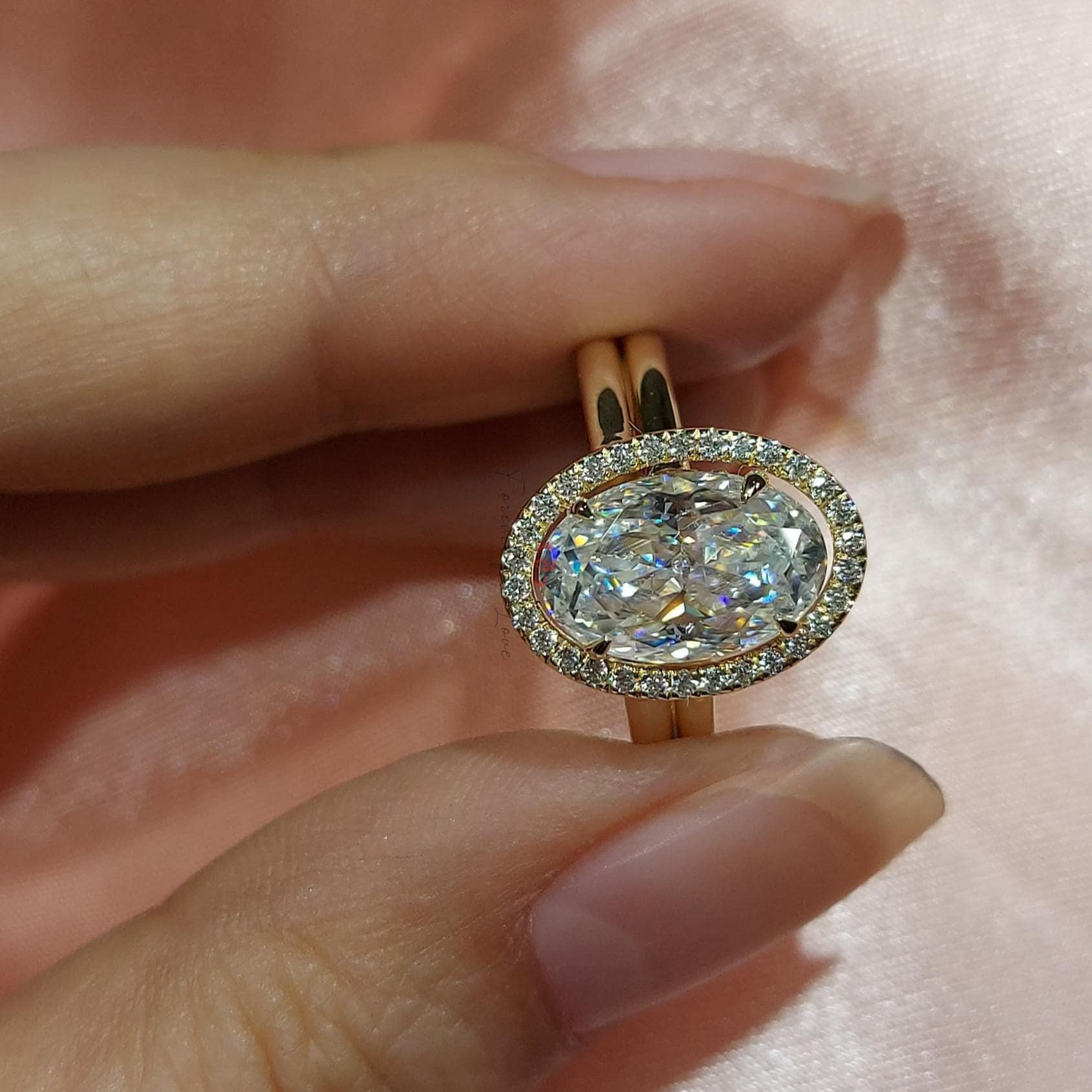 Unique Oval Cut Insert Wedding Ring, 14K Yellow Gold Ring, 3 Carat Oval Cut Moissanite Diamond Ring, Open Shank Halo Beautiful Ring