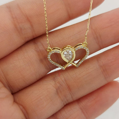 Collier double cœur en diamant, or blanc 14 carats, pendentif cœur délicat et minimaliste, collier pour femme en diamant véritable, cadeau de Saint-Valentin pour elle.