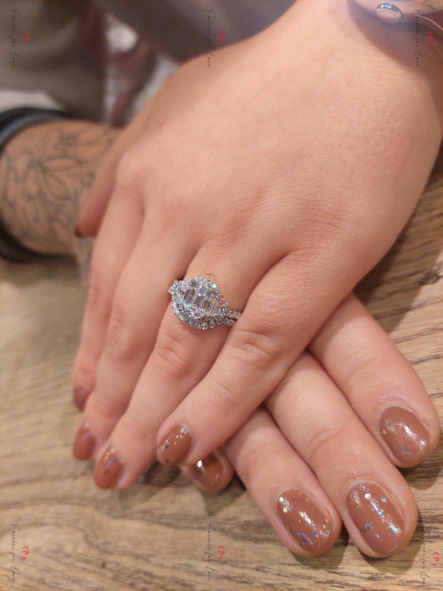 Emerald Moissanite Three Stone Ring Emerald cut Moissanite Brilliant Cut engagement ring in 935 Argentium Silver — custom handcrafted by Forever For Love