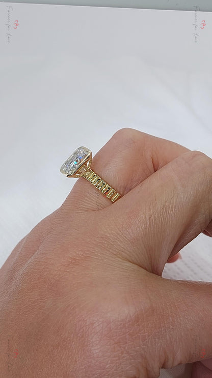 Unique Vintage 1.5 Carat Radiant cut Moissanite Engagement Ring, Bezel setting Proposal Anniversary Ring