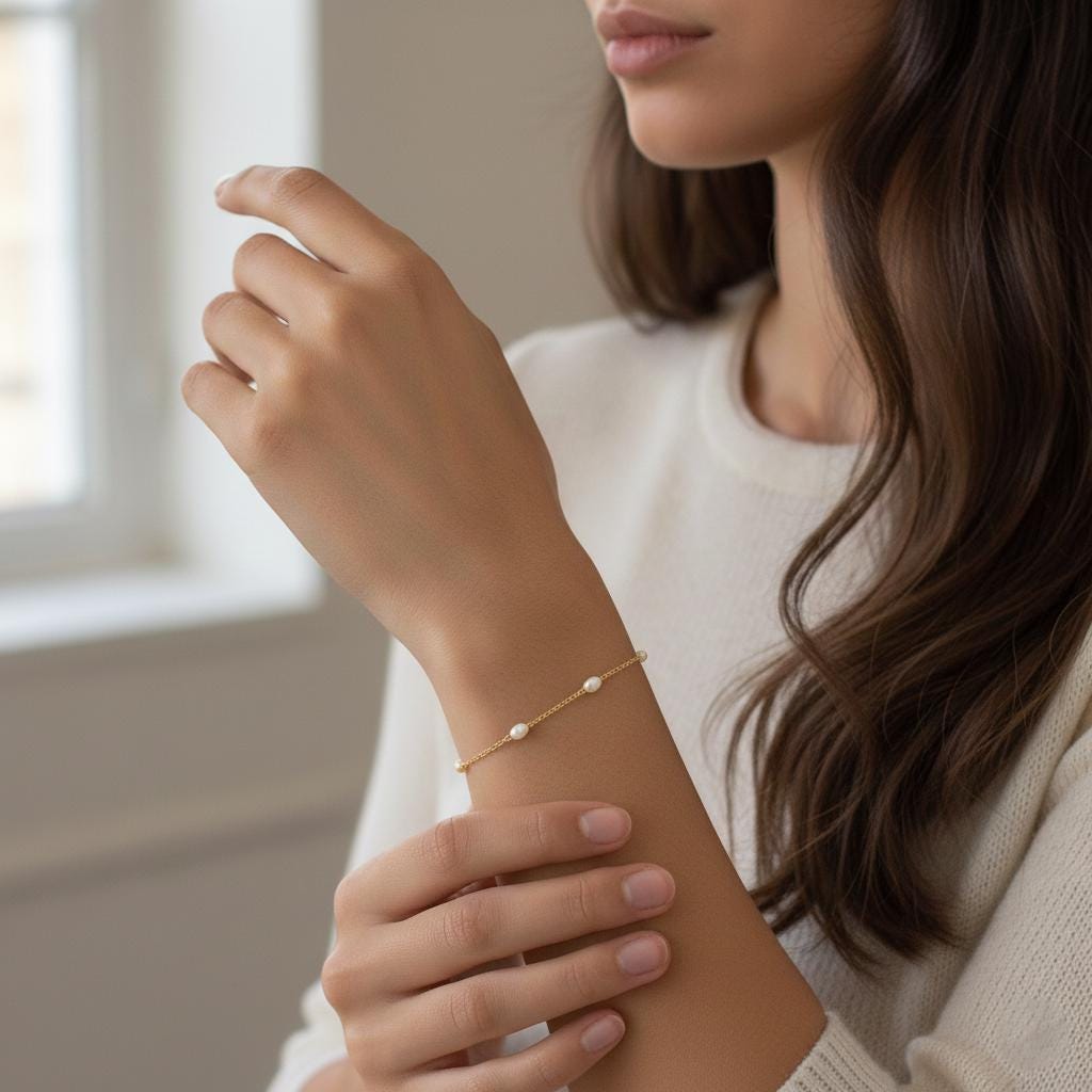 Oval Pearl Beaded Gold Bracelet, 14k Solid Gold Chain with 3mm Natural Pearls, 5 Pearl Stations on Gold Dainty Chain, Gift for Her Moissanite engagement ring in Gold or Platinum — custom handcrafted by Forever For Love