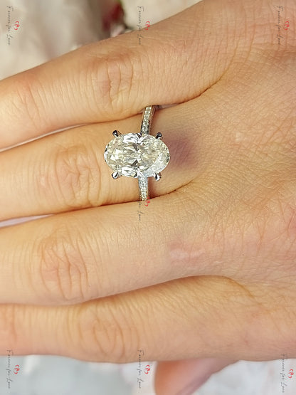 4 Ct Oval Diamond, Moissanite Hidden Halo Engagement Ring