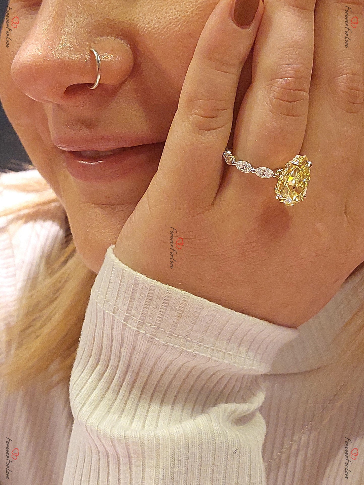 6 Ct Pear Moissanite with Eternity Band Engagement Ring Pear cut Moissanite Brilliant Cut engagement ring in 935 Argentium Silver — custom handcrafted by Forever For Love