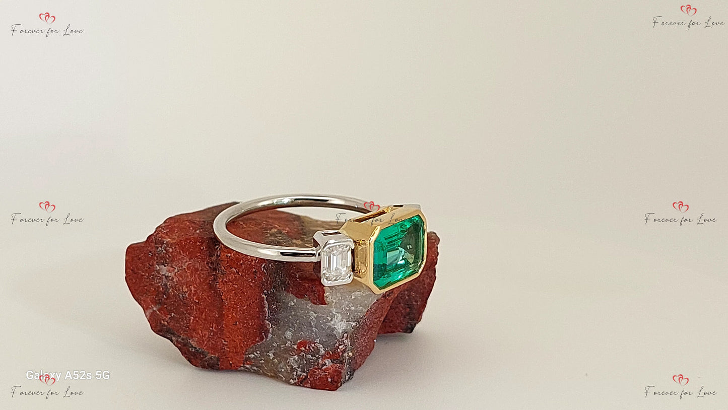 Baguette Diamond, Emerald Three Stone Ring Baguette cut Moissanite engagement ring in Gold or Platinum — custom handcrafted by Forever For Love