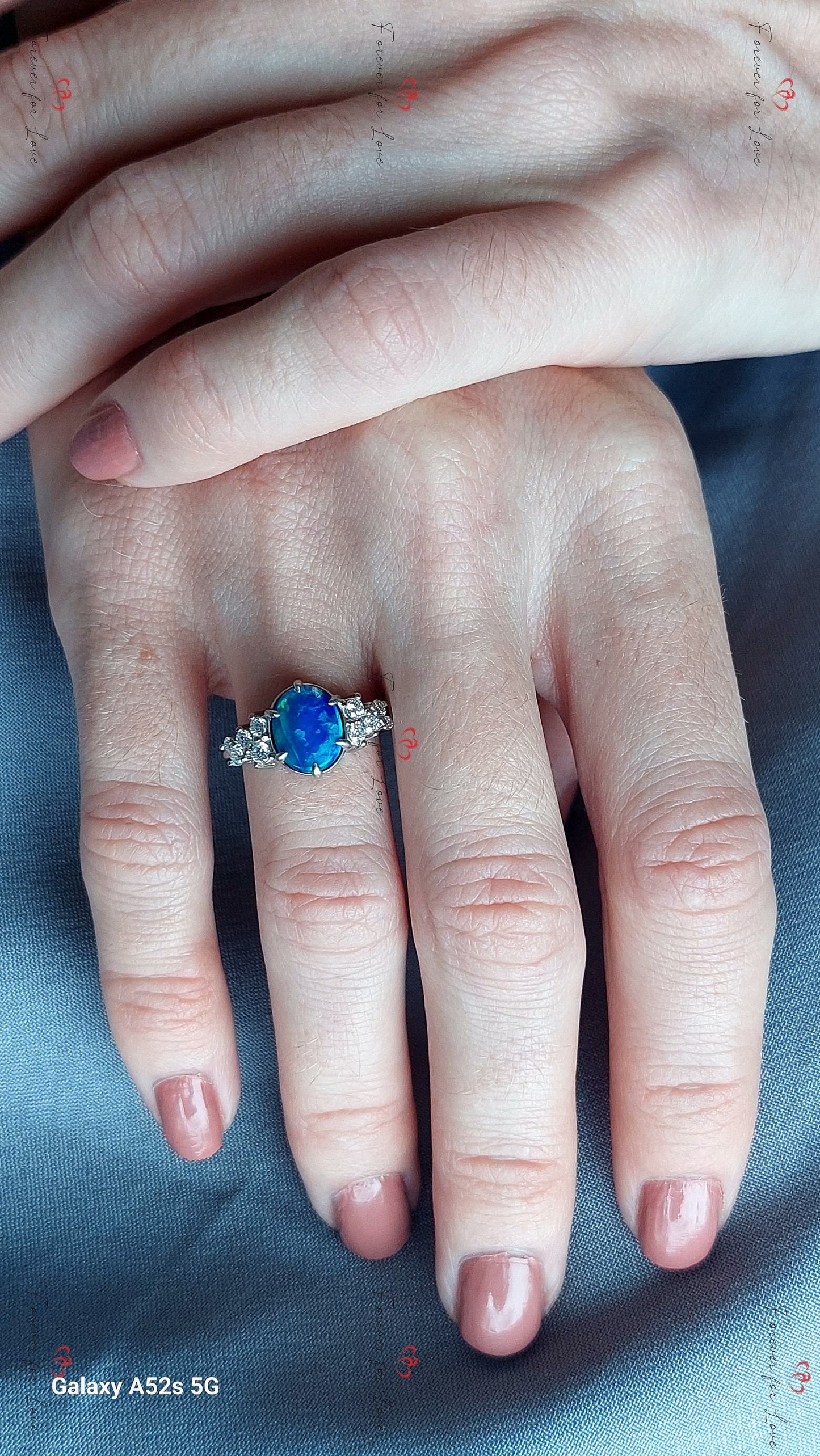 Bague de fiançailles ovale en moissanite et opale Oval cut Moissanite engagement ring in Gold or Platinum — custom handcrafted by Forever For Love