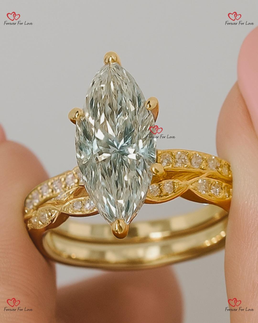 1.5 Carat Marquise Diamond Engagement ring set, Vintage Diamond Stacking ring Diamond ring,14K/18K Yellow Gold Dainty Bridal set.