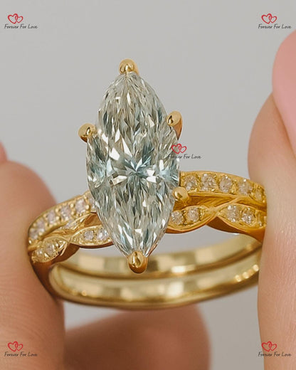 1.5 Carat Marquise Diamond Engagement ring set, Vintage Diamond Stacking ring Diamond ring,14K/18K Yellow Gold Dainty Bridal set.