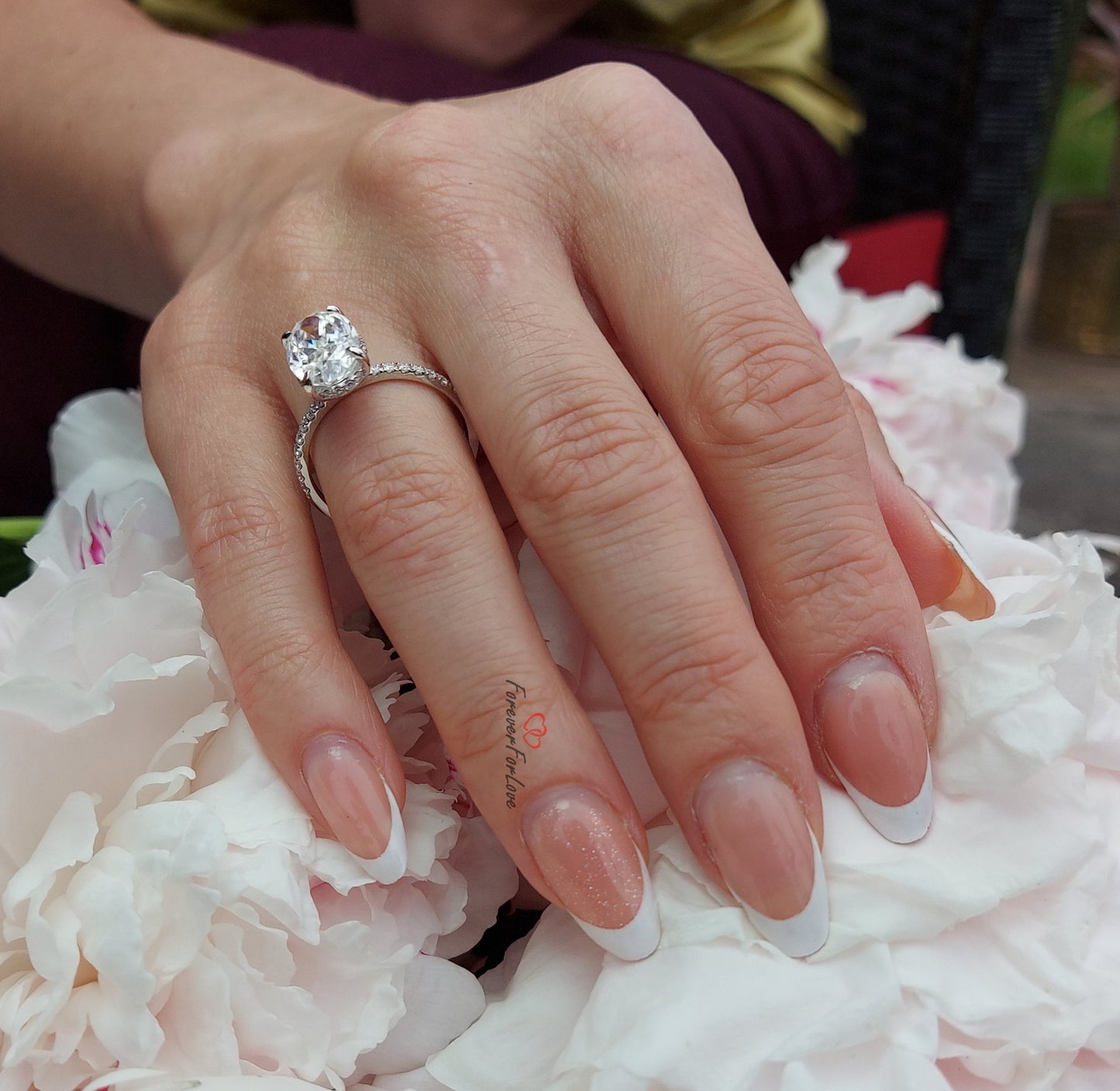 5 CT Crushed Ice Oval Moissanite Engagement Ring: 14k White Gold Hidden Halo Oval cut 1Ct Moissanite Brilliant Cut engagement ring in 935 Argentium Silver — custom handcrafted by Forever For Love
