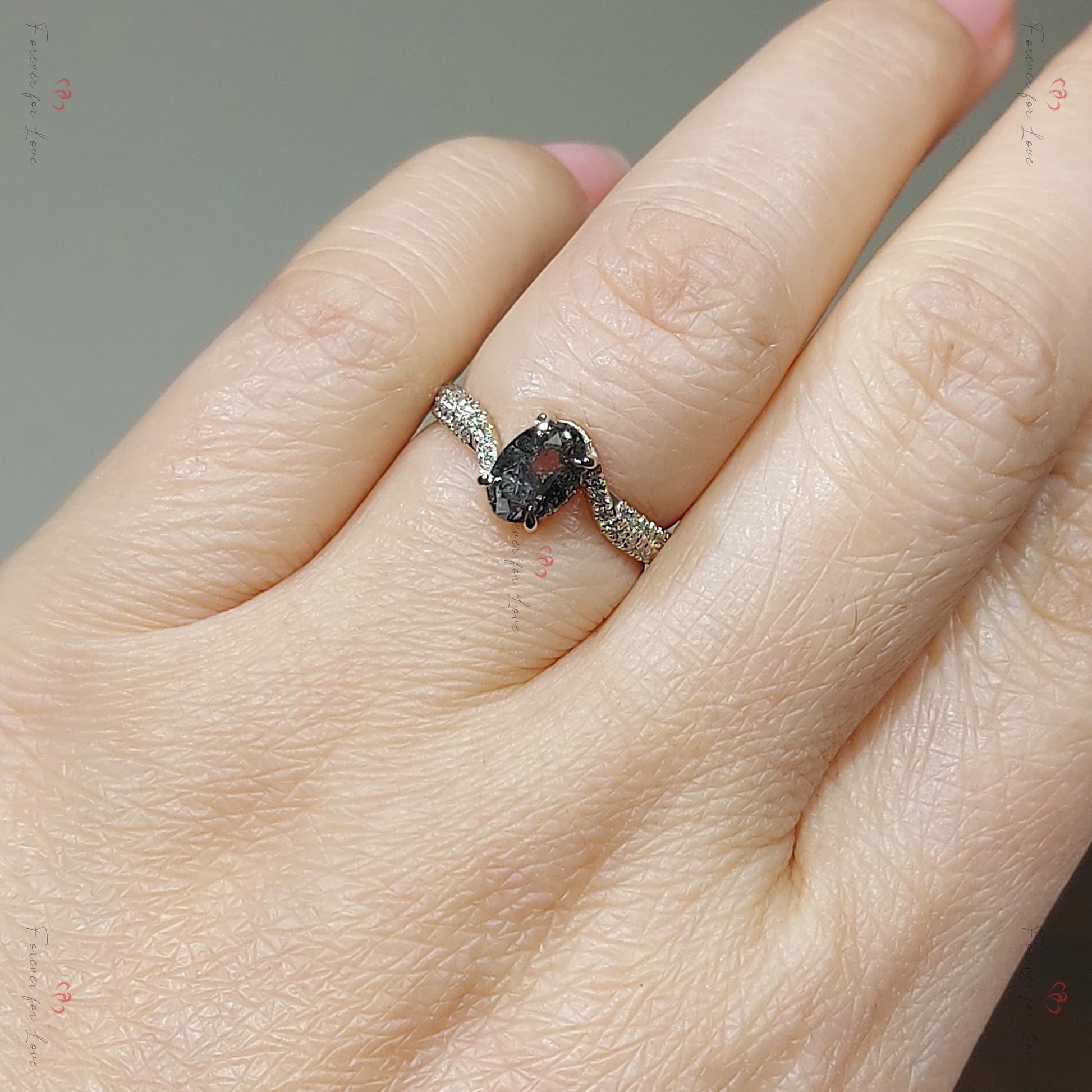 Vintage Oval rose cut salt and pepper Diamond Engagement Ring Solitaire Salt and Pepper Engagement Ring white Gold Proposal Promise Ring.