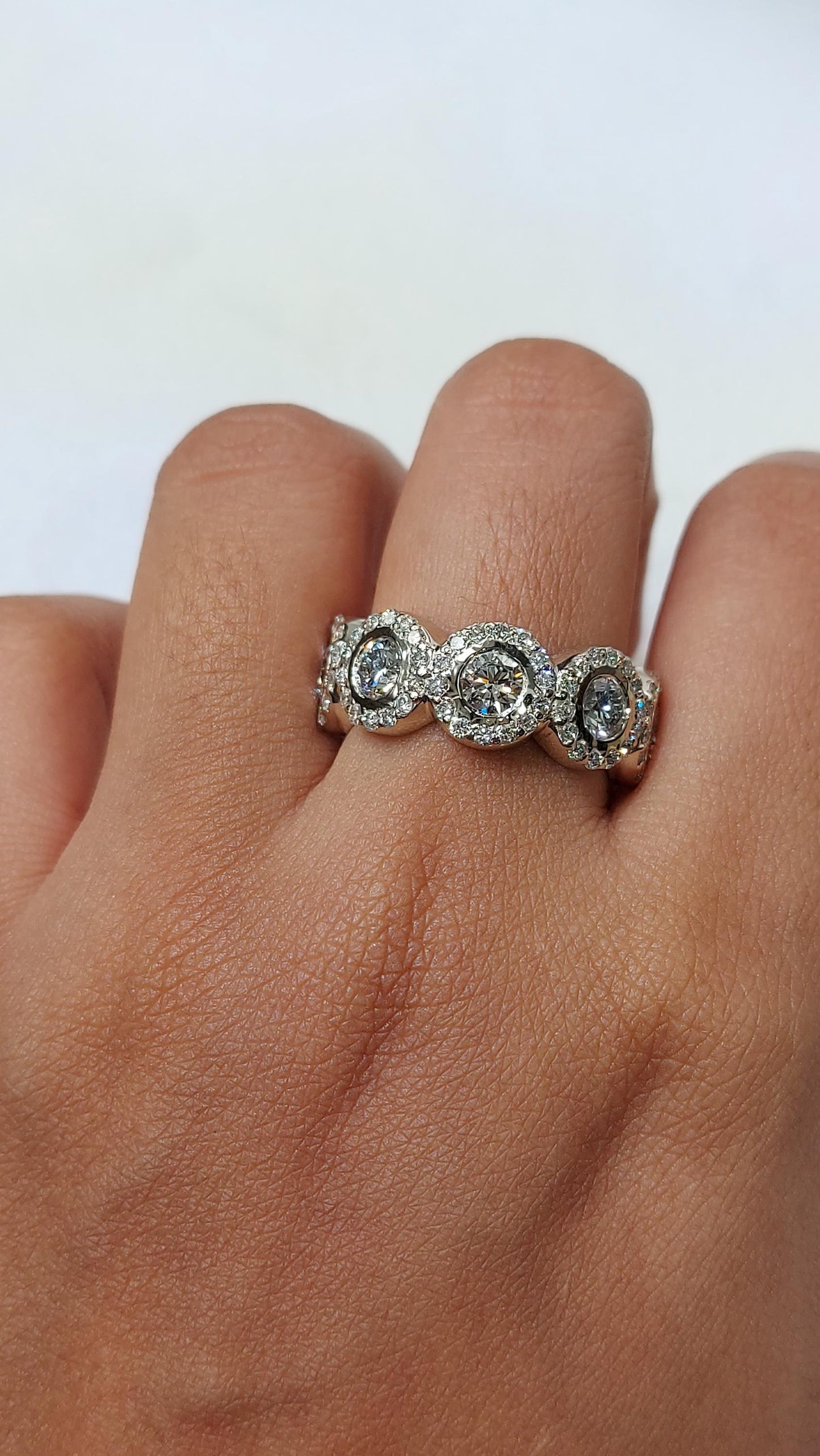 Bague demi-éternité en diamants ronds de laboratoire Round cut Moissanite taille brillant engagement ring in Gold or Platinum — custom handcrafted by Forever For Love