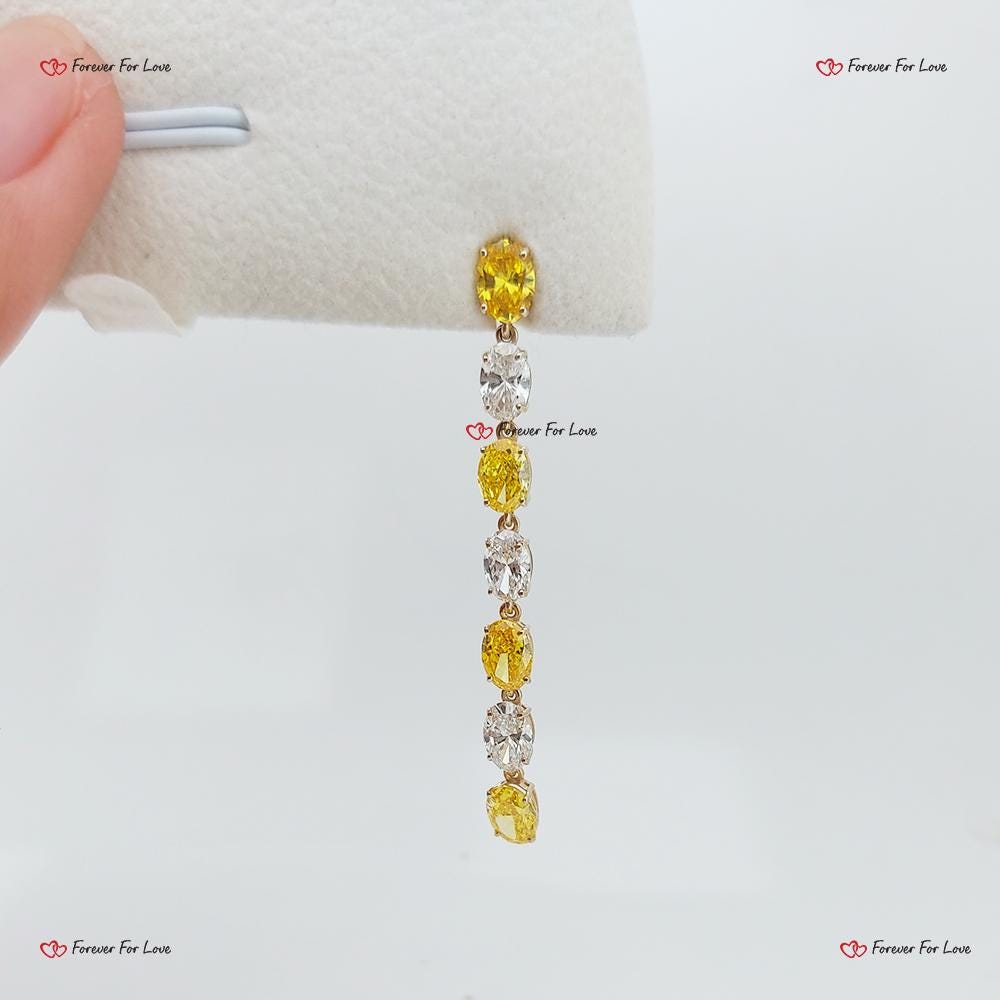 Dangle Earrings, Yellow and White Diamond Earrings, Dainty oval diamond Earrings, Statement Earrings, Gold Earrings , Minimalist earrings. Moissanite engagement ring in Gold or Platinum — custom handcrafted by Forever For Love