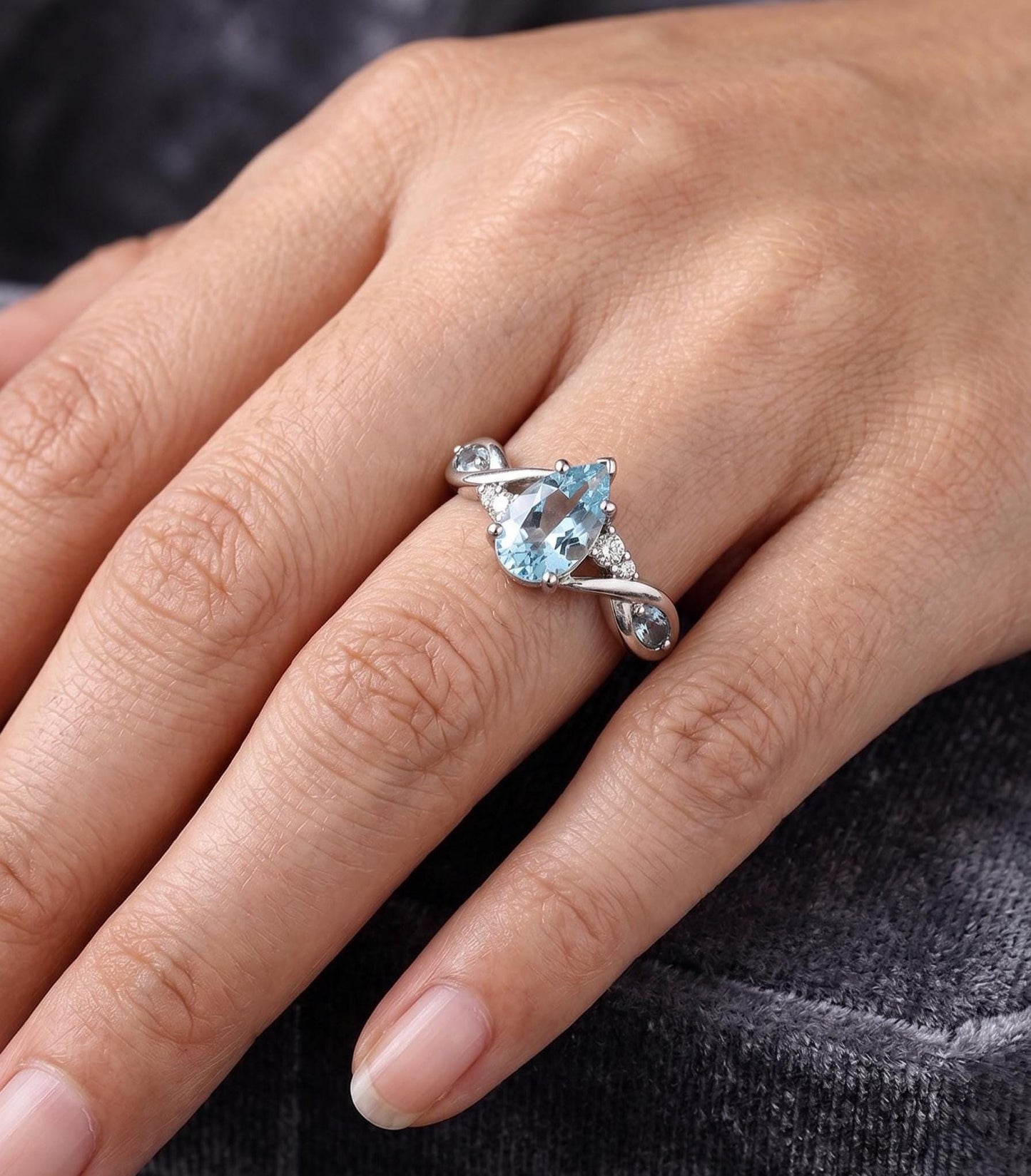 2 Ct Pear Lab Diamond, Aquamarine Engagement Ring Pear cut 1Ct Natural Aquamarine engagement ring in 935 Argentium Silver — custom handcrafted by Forever For Love