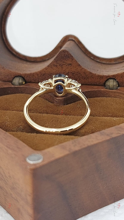 Round Blue Lab Diamond, Sapphire Three Stone Ring
