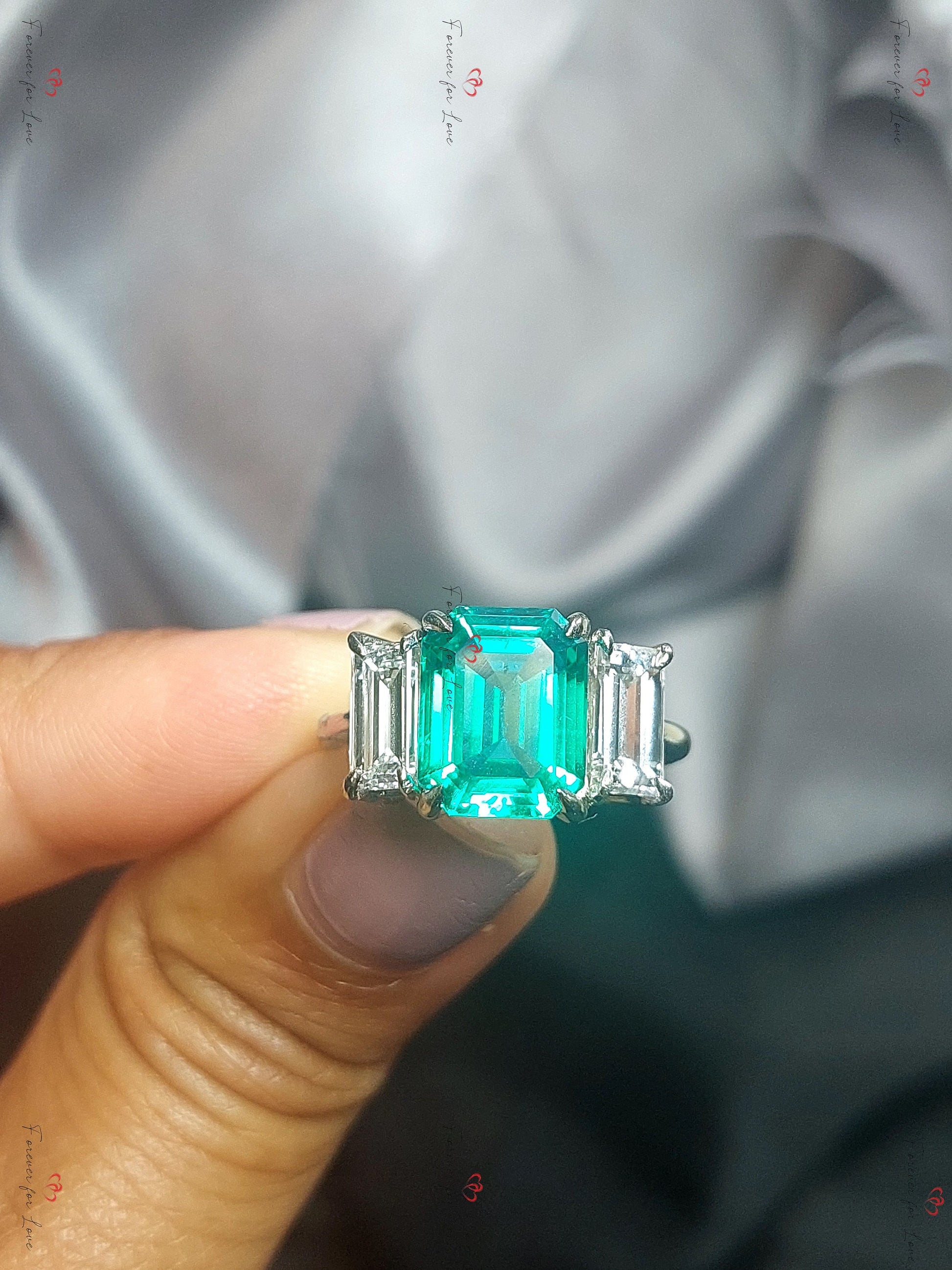 Emerald and moissanite engagement wedding set handmade in white/rose/yellow gold or platinum Emerald bridal ring set Emerald Proposal Ring